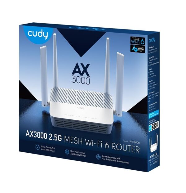 Cudy Mesh Router Wi-Fi 6 AX3000 Dual Band 2,5 Gbps WAN, WR3000H - immagine 6
